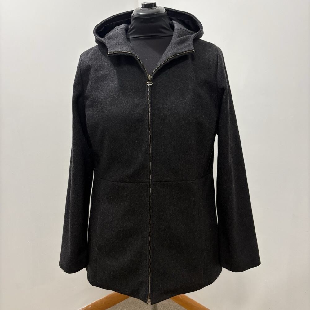 Old Navy Womens L Charcoal Wool Blend Hooded Coat Full Zip Longline Y2K